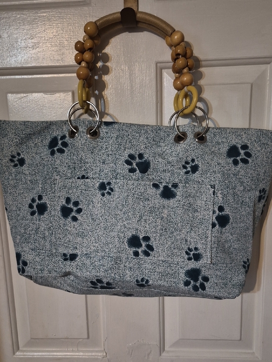 Handbags - Paw Print Canvas Tote with Beaded Handles - Blue